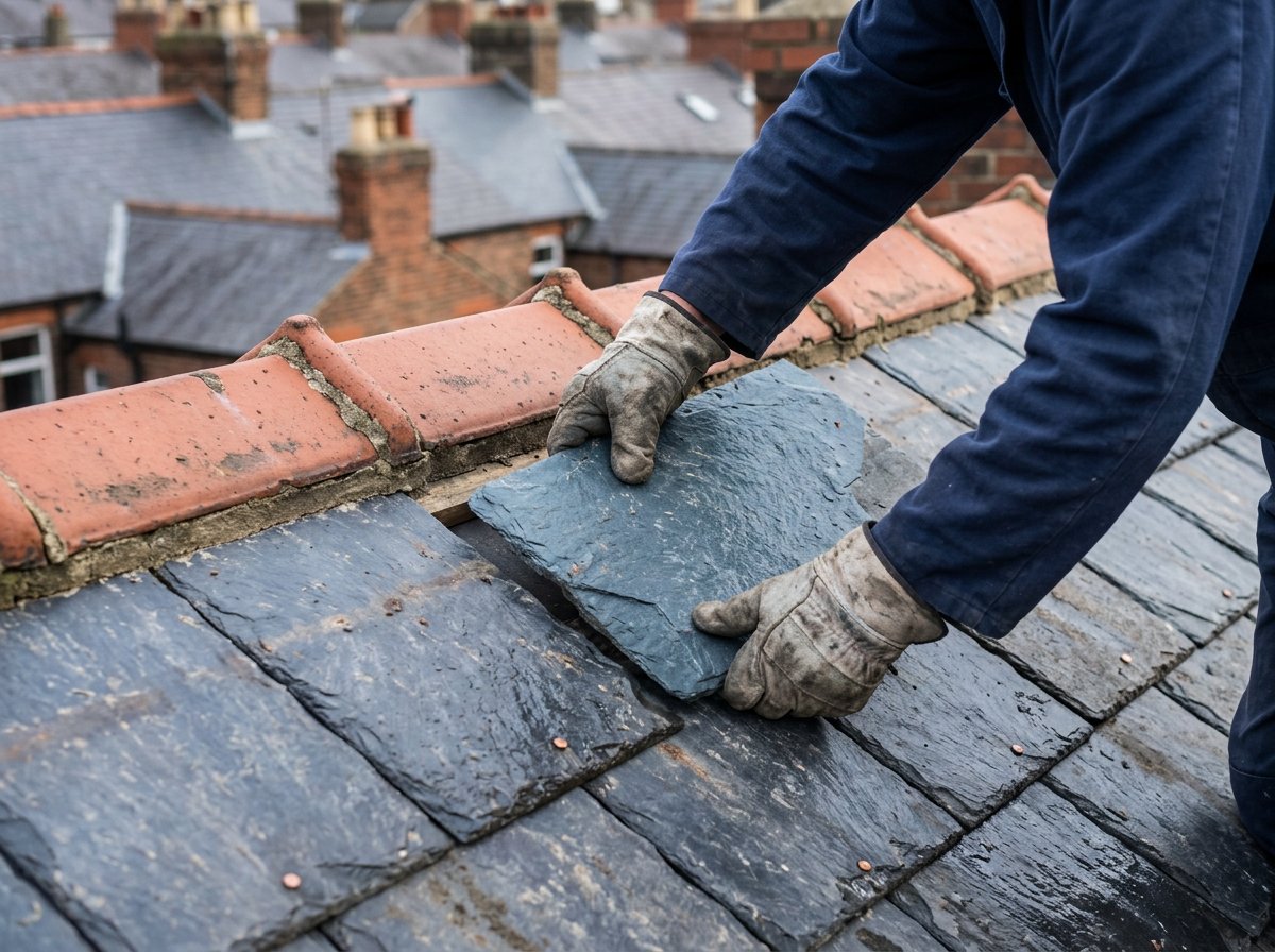 Slate roof repair in progress