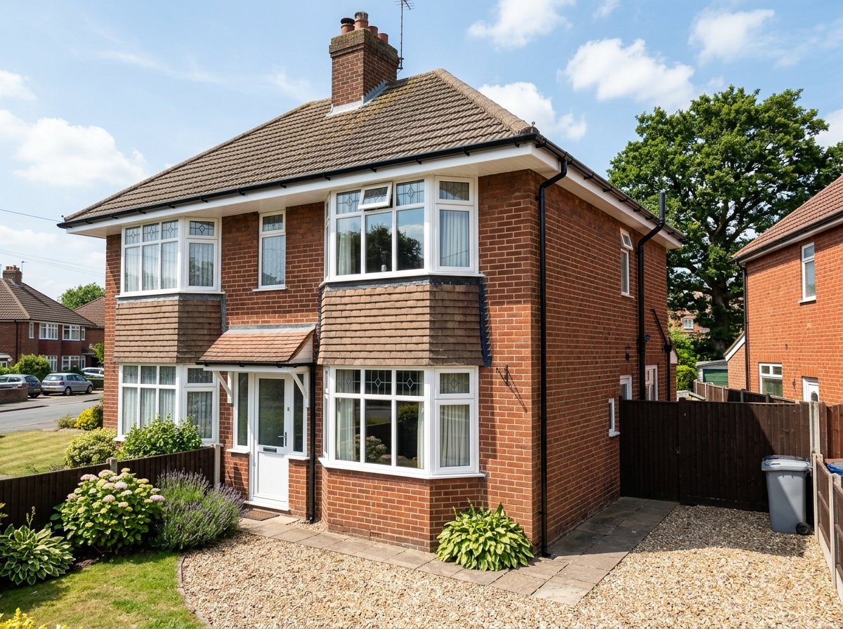 1930s semi-detached house with new white uPVC fascias, soffits and black gutters