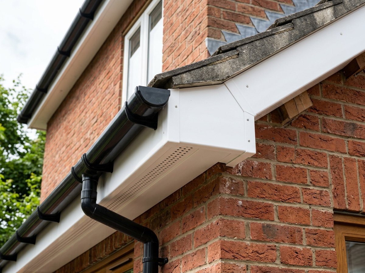 Close-up of white uPVC fascia and soffit boards under brick eaves