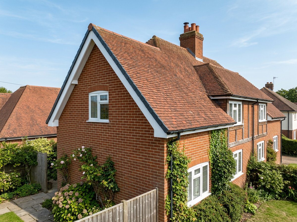 Gable end with new white bargeboards and dry verge on a tiled roof