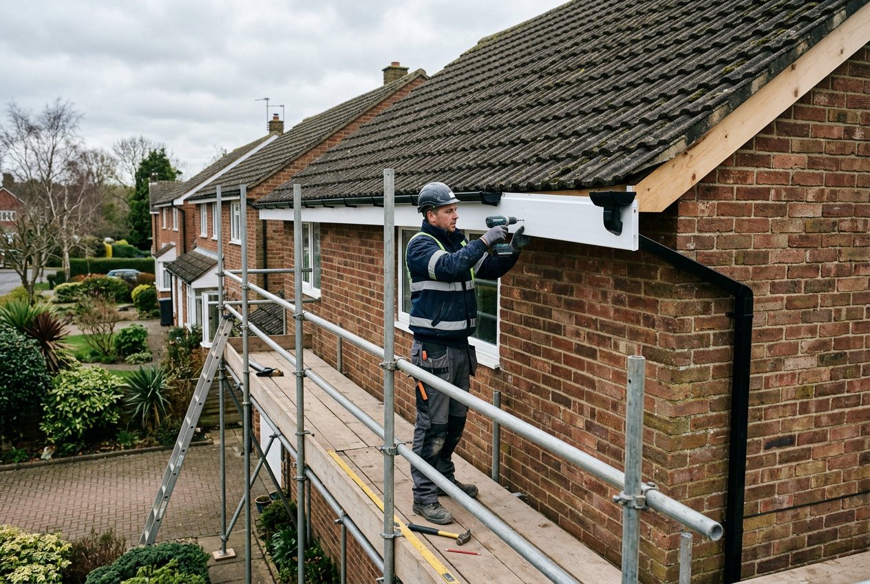 Roofer on scaffolding fitting a new white uPVC fascia board