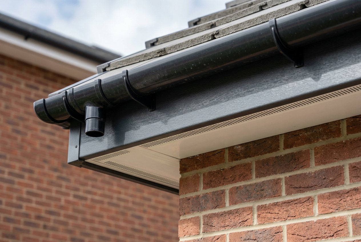 Anthracite grey fascia and vented soffit with black gutter