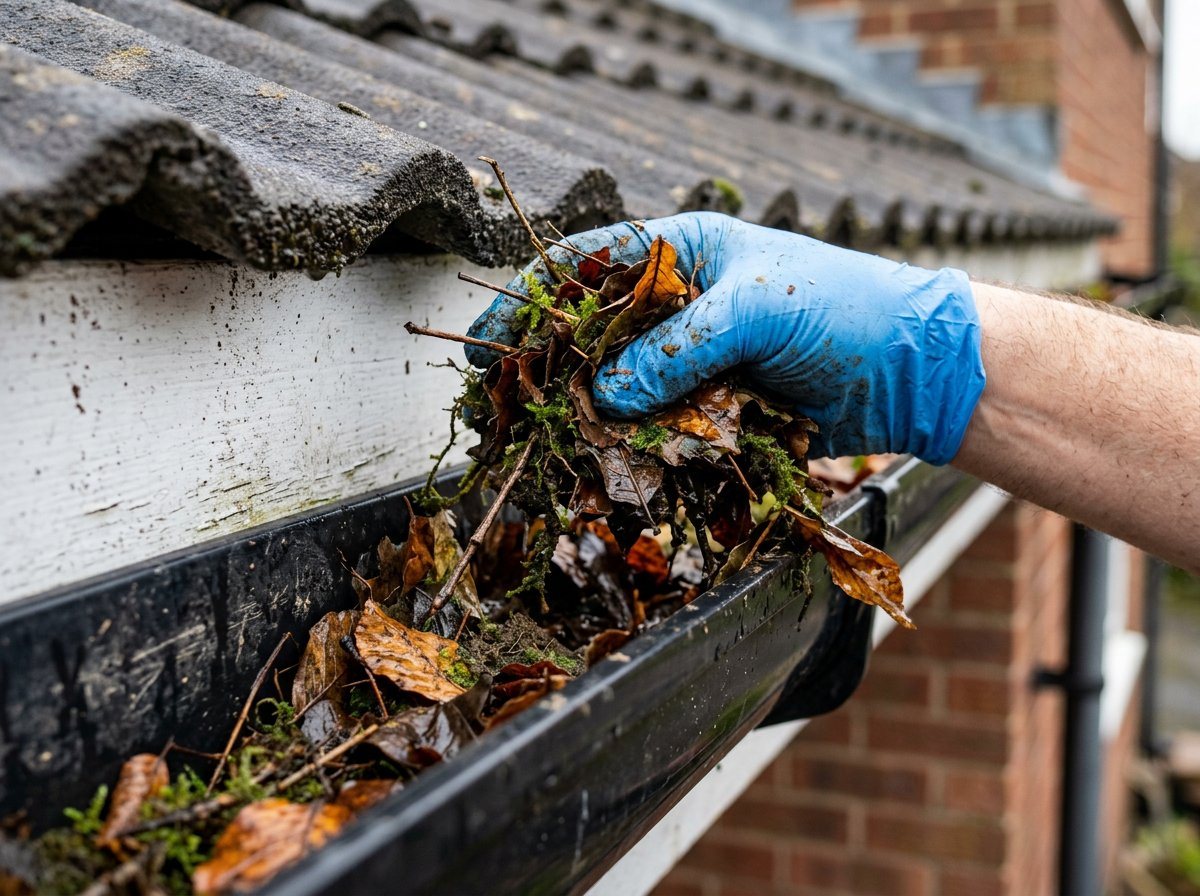 Gloved hand removing leaves and moss from a blocked black gutter