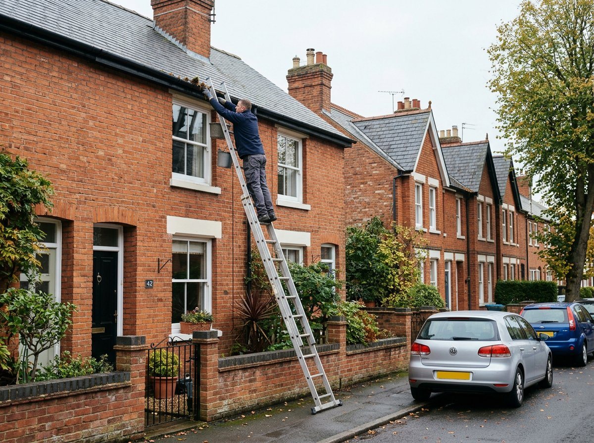 Worker on a ladder cleaning the gutters of a red-brick terraced house