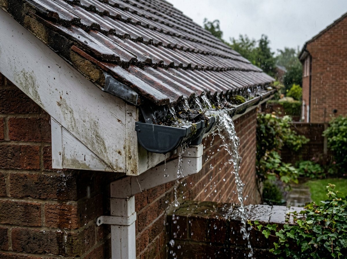 Rainwater overflowing from a blocked gutter on a house eaves