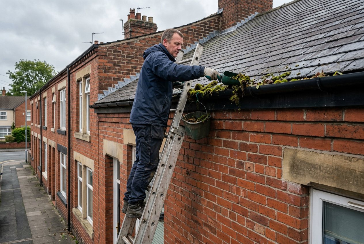 Worker on a ladder clearing moss from the gutter of a Victorian terraced house
