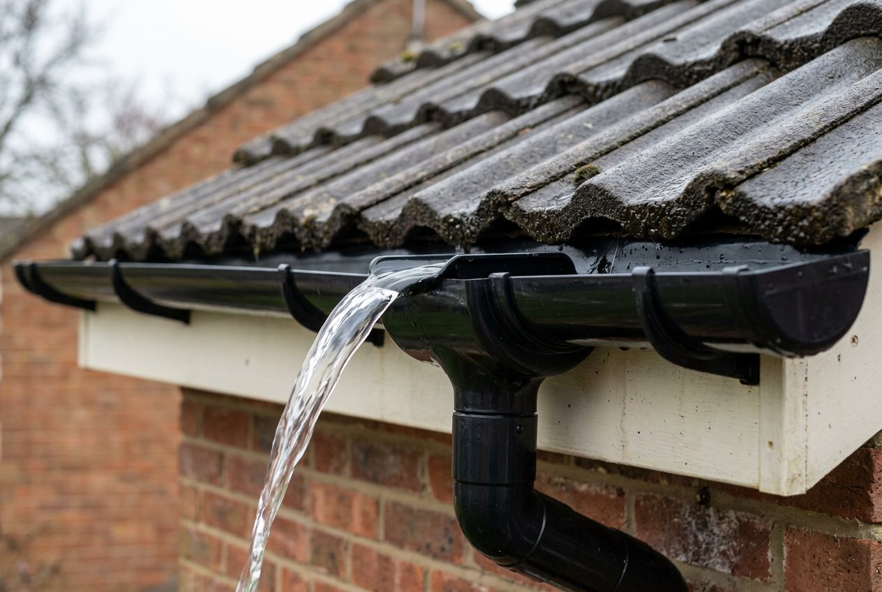 Freshly flushed black gutter with water running into the downpipe