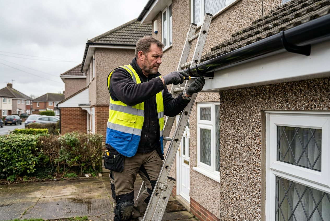 Tradesman tightening a gutter bracket on a pebble-dashed semi-detached house
