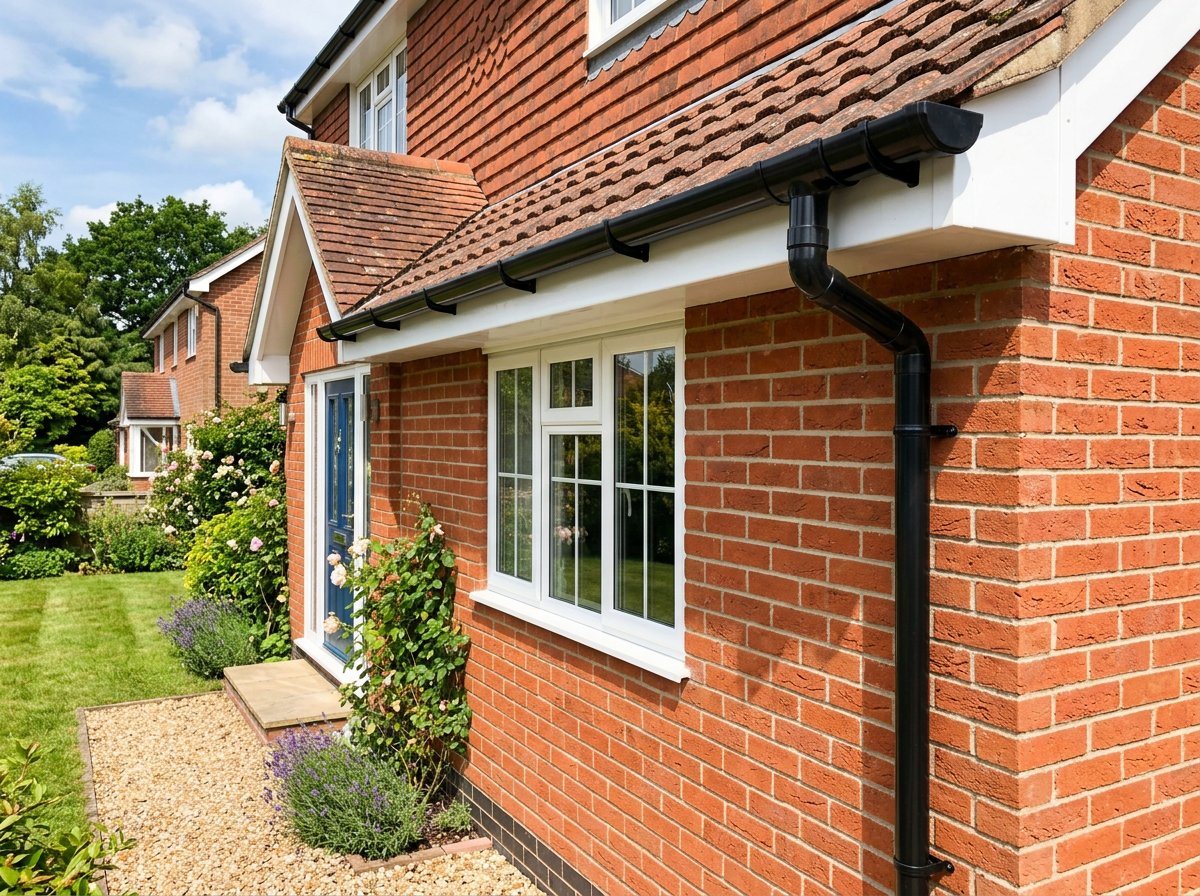 Brand new black uPVC guttering and downpipe on a red-brick house