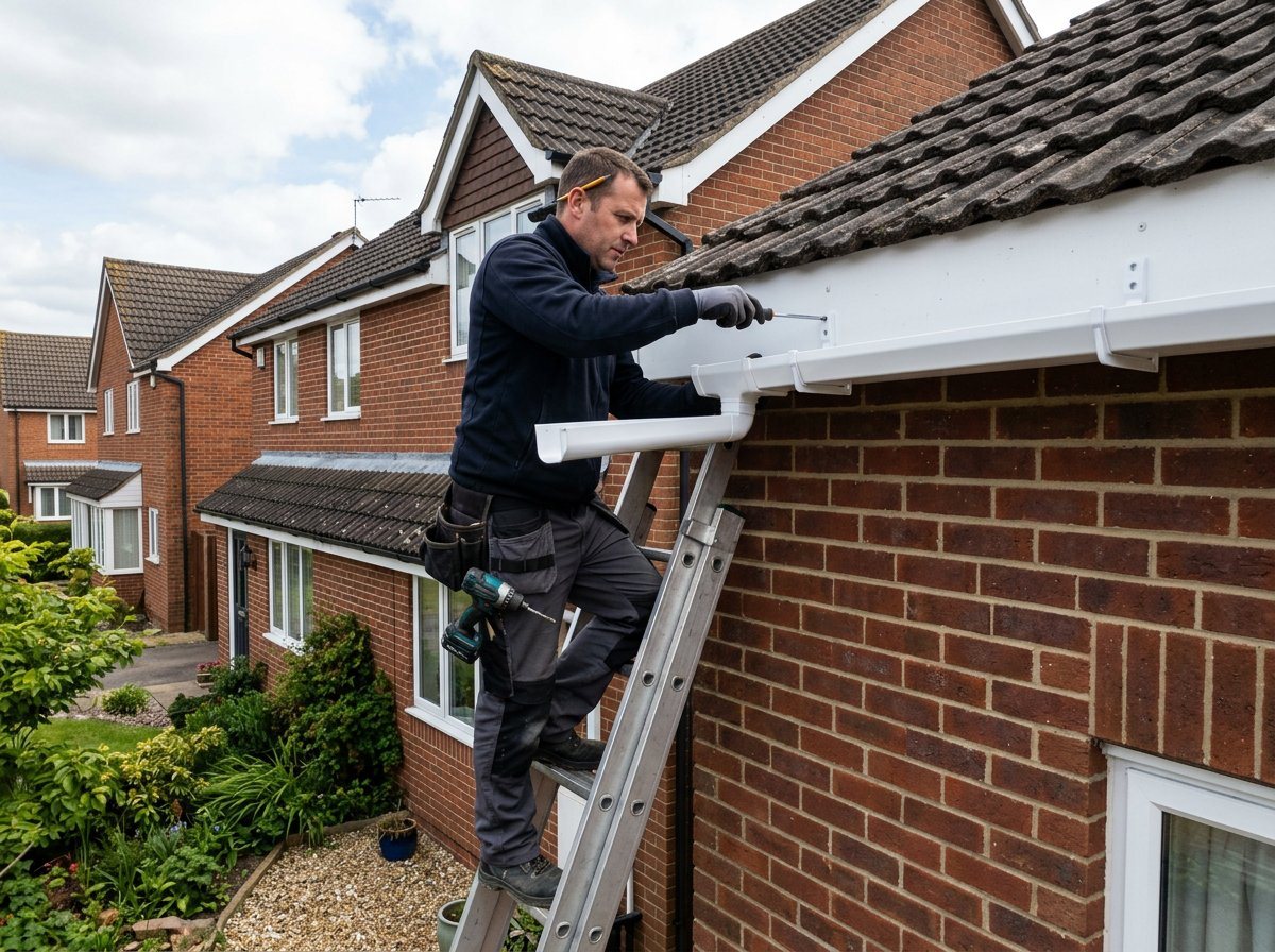 Installer fitting a new white gutter bracket to a fascia board