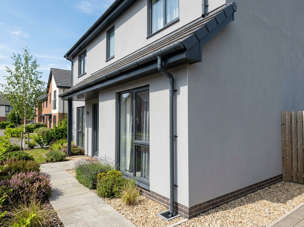 New anthracite grey gutters on a modern rendered house
