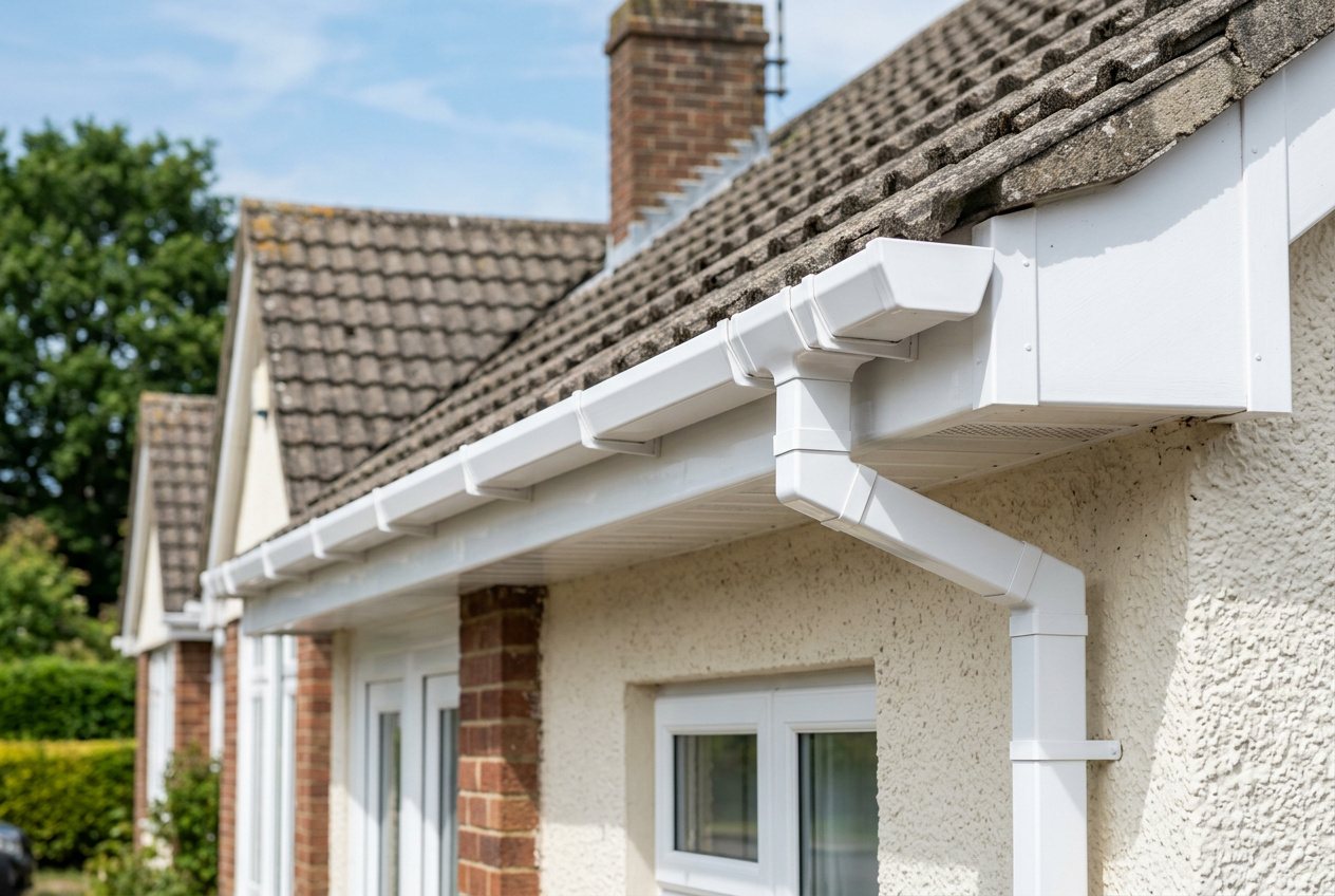 New white square-line guttering and downpipe on a bungalow