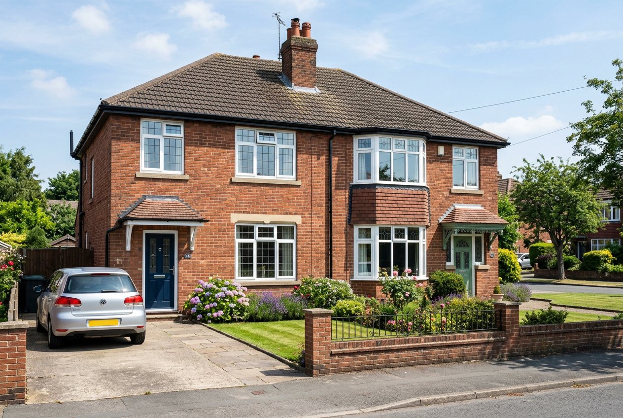Red-brick semi-detached house with brand new black guttering